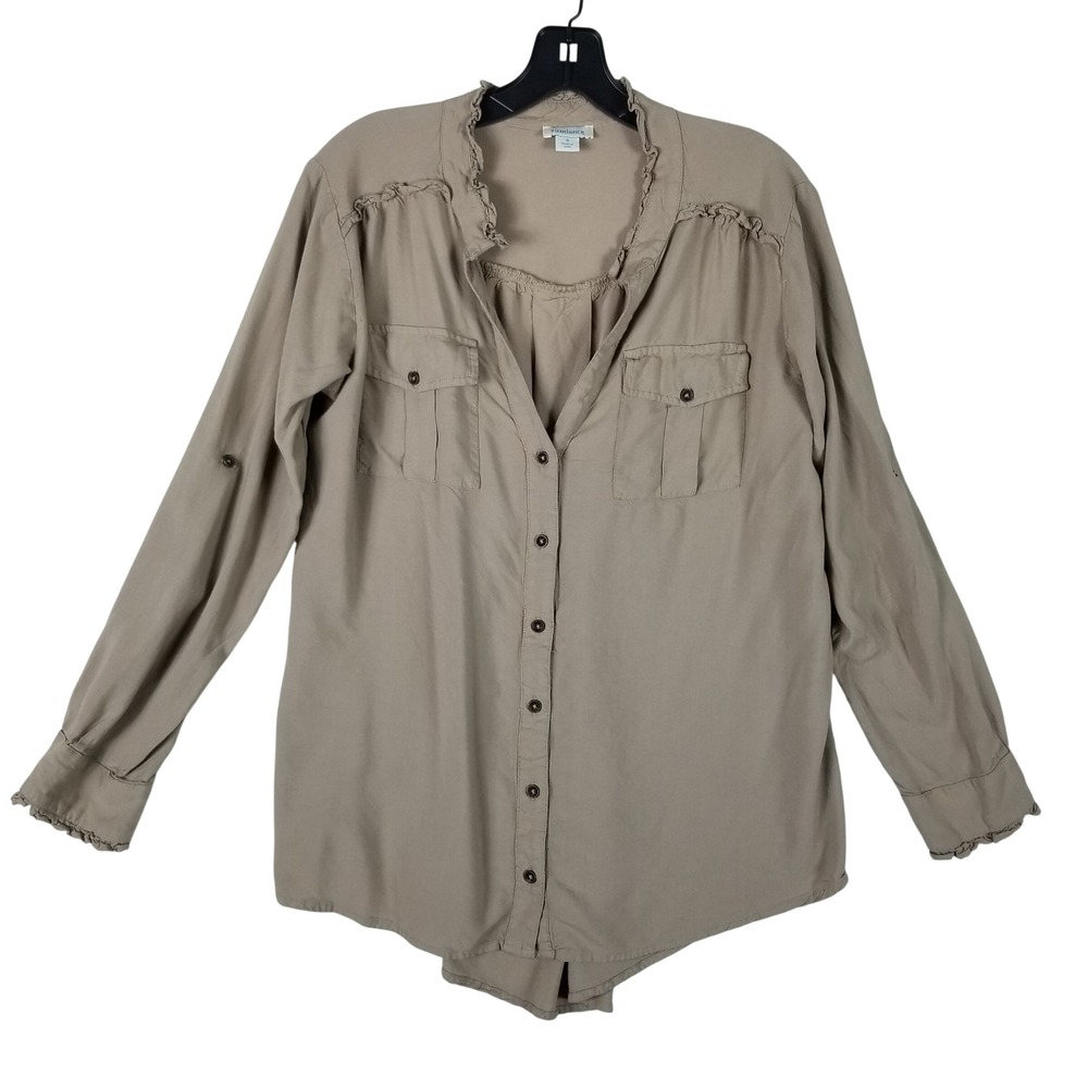 Sundance Button Down Shirt Womens Small Khaki Ruffle Trim Roll Tab Viscose